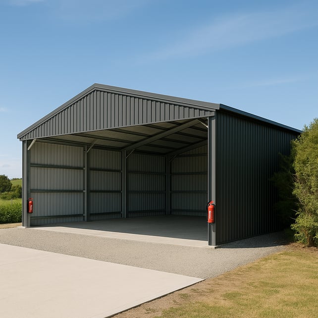 Daylight exterior of a modern New Zealand rural clearspan kitset shed with hotdip galvanised steel rafters and COLORSTEEL cladding showing visible fir