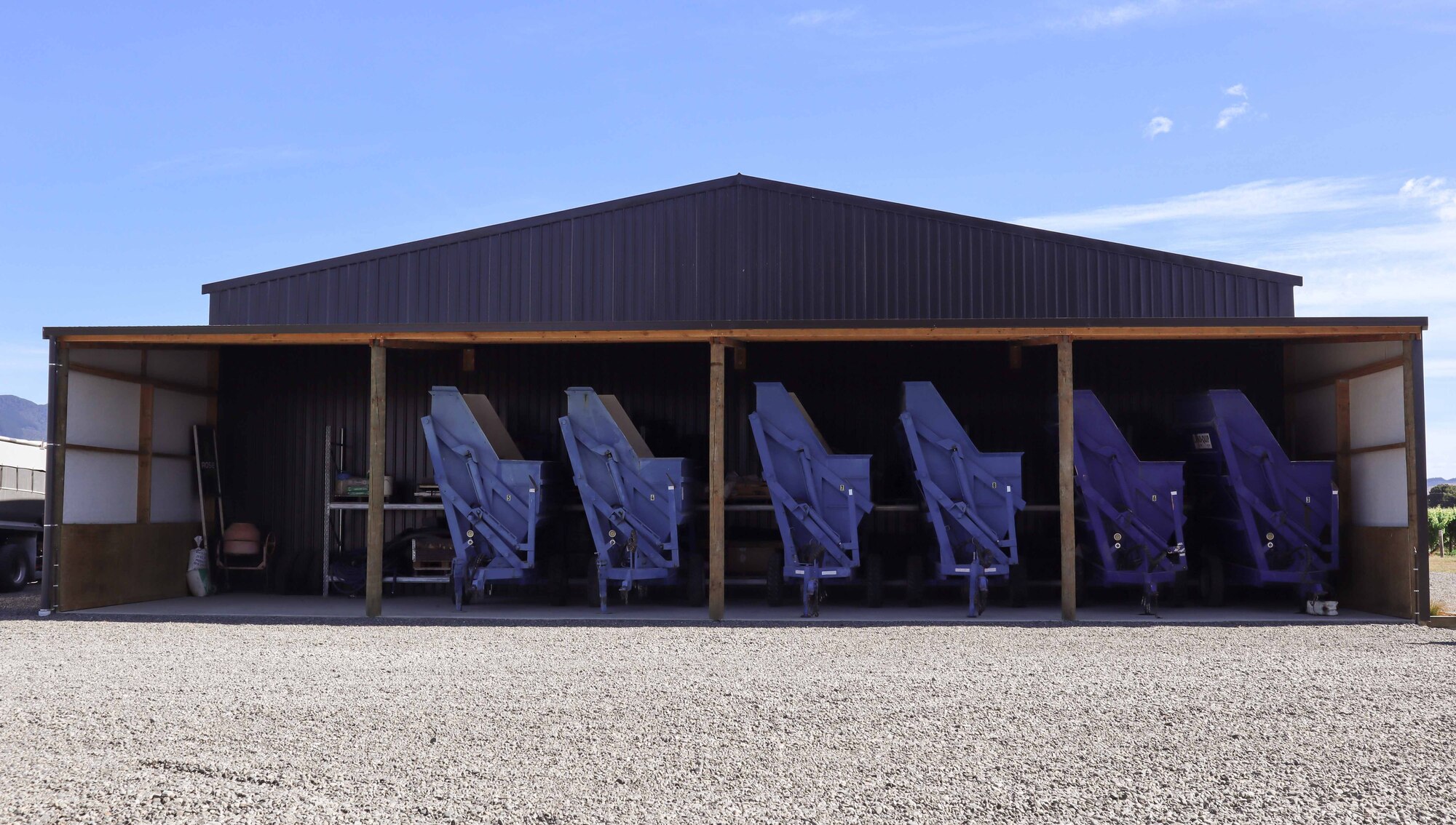 Alpine shed for vineyard implement storage