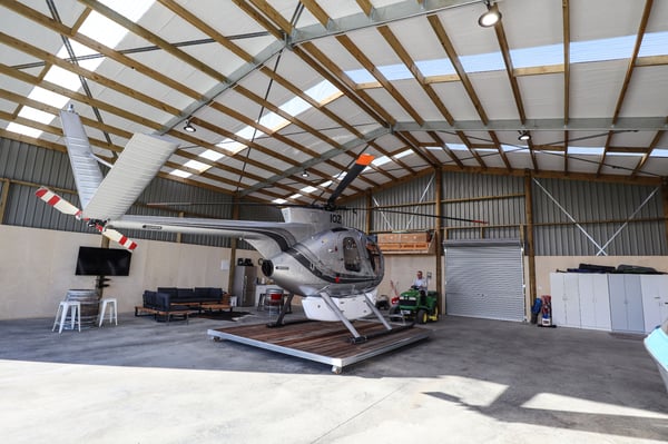 Aircraft hangar with man cave area